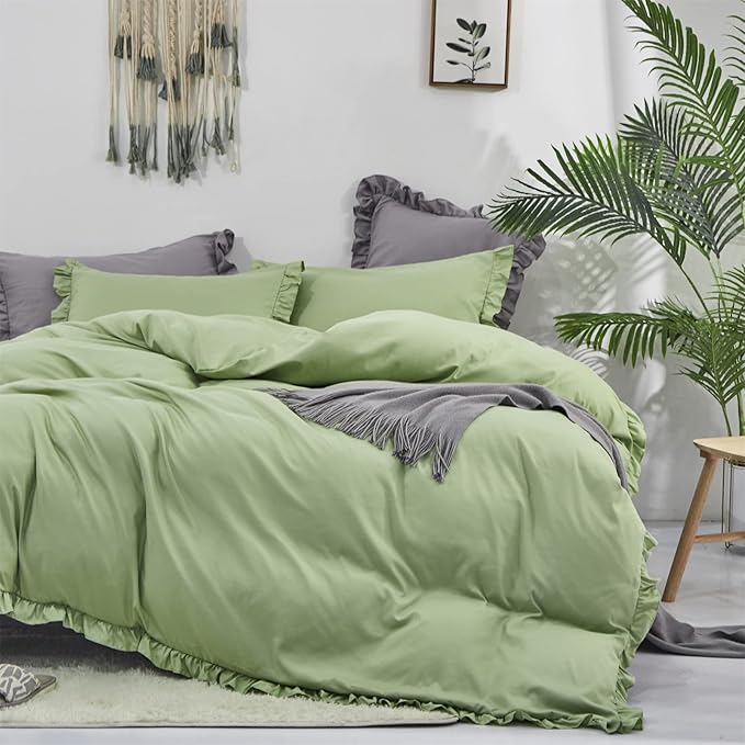 CLOTHKNOW Green Ruffles Queen Comforter Set Farmhouse Bedding Comforter Sets Soft Light Green Comforter with 2 x Pillow Cases