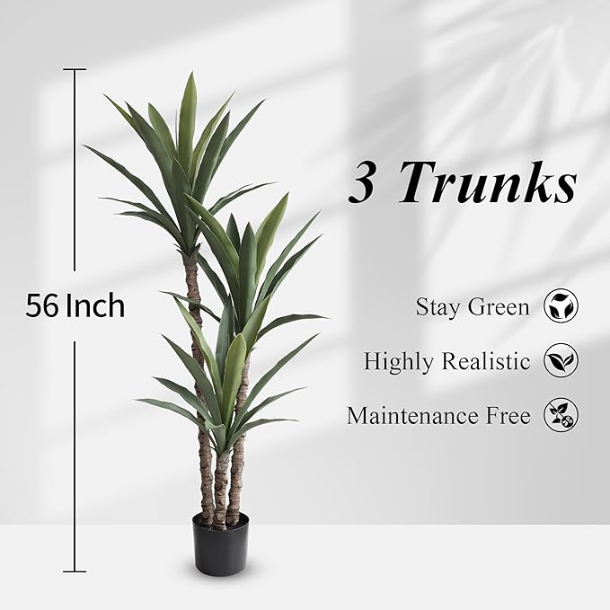 momoplant Artificial Agave Tree 4.5Ft Faux Agave Plant with 3 Heads Silk Faux Tree in Plastic Pot for Home Garden Office Decor