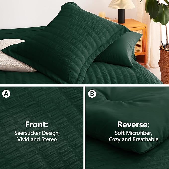 CozyLux Full Size Comforter Sets with Sheets Seersucker 7 Pieces Emerald Green Bed in a Bag Textured Luxury Soft Bedding Set with Down Alternative Comforter, Sheets, Pillowcases & Shams for All Season