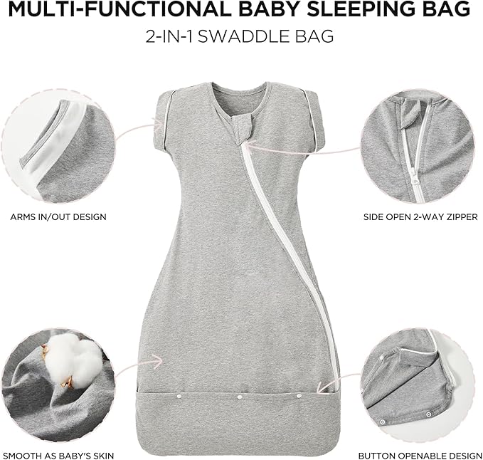 Duomiaomiao 2 Pack Baby Transition Swaddle Blanket, Snap Arms Up Baby Sleep Sack for All Seasons, 100% Cotton Baby Essentials for Newborn Boys Girls 0-6 Months, Gray & Dinosaurs