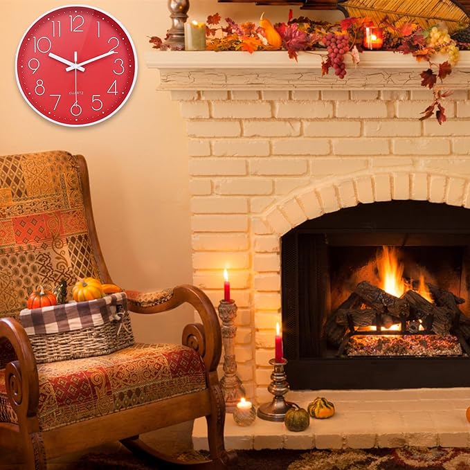 Wall Clock 12 Inch Silent Non-Ticking Battery Operated Modern Wall Clock for Home Living Room Decor (Red)