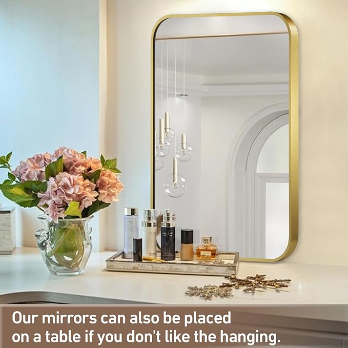 FARMER 22x30 Inch Matte Gold Bathroom Mirrors for Wall, Brushed Bathroom Vanity Mirror with Rounded Edge, Metal Framed Rectangle Mirrors for Bathroom or Living Rooms, Hangs Horizontally or Vertically