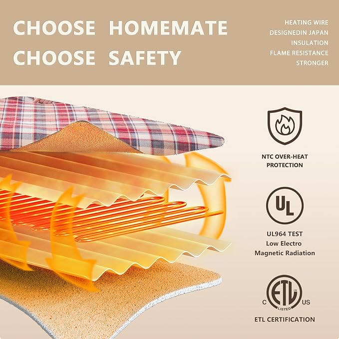 Homemate Electric Blanket Heated Throw - 72x84 Ultra Soft Cozy Flannel Heating Blanket with 10 Fast Heat Levels 8 Hours Auto Off Over-Heated Protection ETL Certification Keep Warm in Home Office