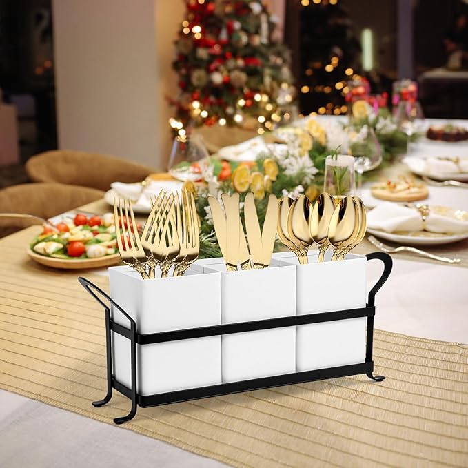 Utensil Holder Silverware Caddy for Party Countertop, 3pcs Bins Set Silverware Caddy Organizer Holders for Spoon and Fork, White and Black