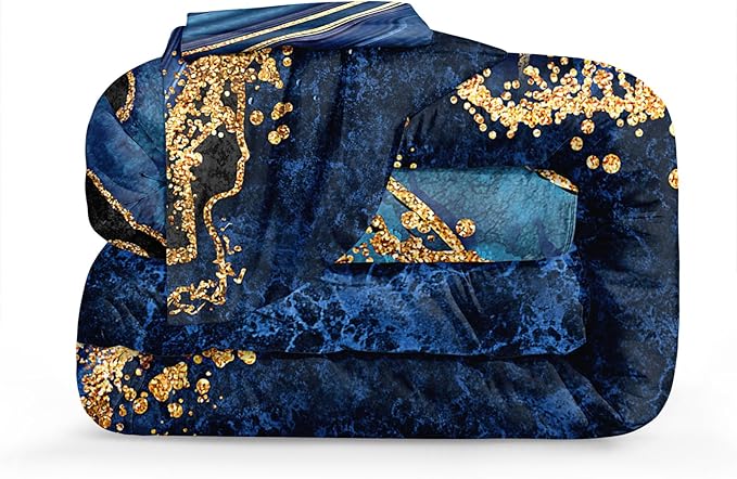 Black Gold Comforter Set King Size Blue Marble Bedding Comforter Ocean Blue River Mrable Abstract Bedding Watercolor Glitter Comforter Set with 2 Modern Pillowcases