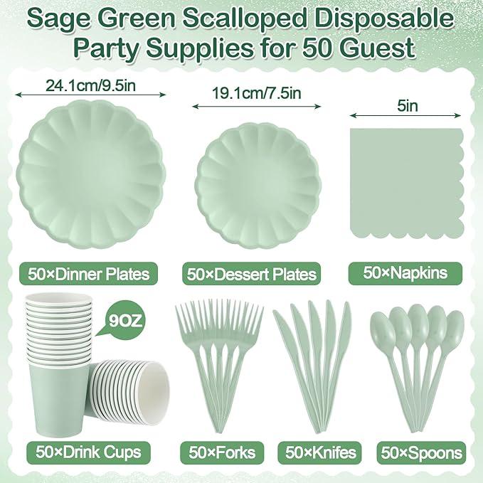 Newtay 350 Pcs Light Green Scalloped Paper Plates Shell Edge Disposable Tableware Cocktail Napkins Cups Plastic Spoons Forks Knives for Wedding Baby Shower Picnic Birthday Party Supply for 50 Guests