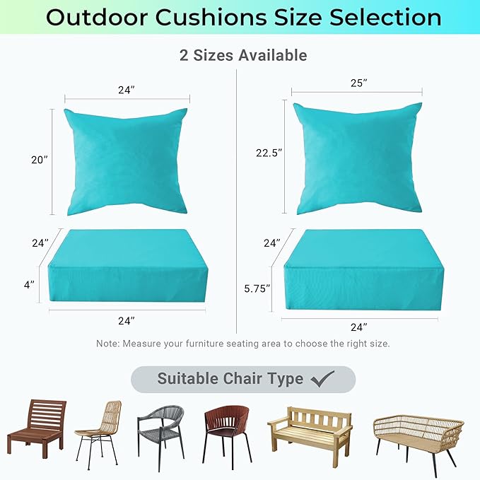 Outdoor Cushions for Patio Furniture,Outdoor Seat Cushion Set 24 x 24 x 5.75 Inch,Waterproof & Fade Resistant Outdoor Chair Cushions,Deep Patio Chair Cushion with Removable Cover,Teal
