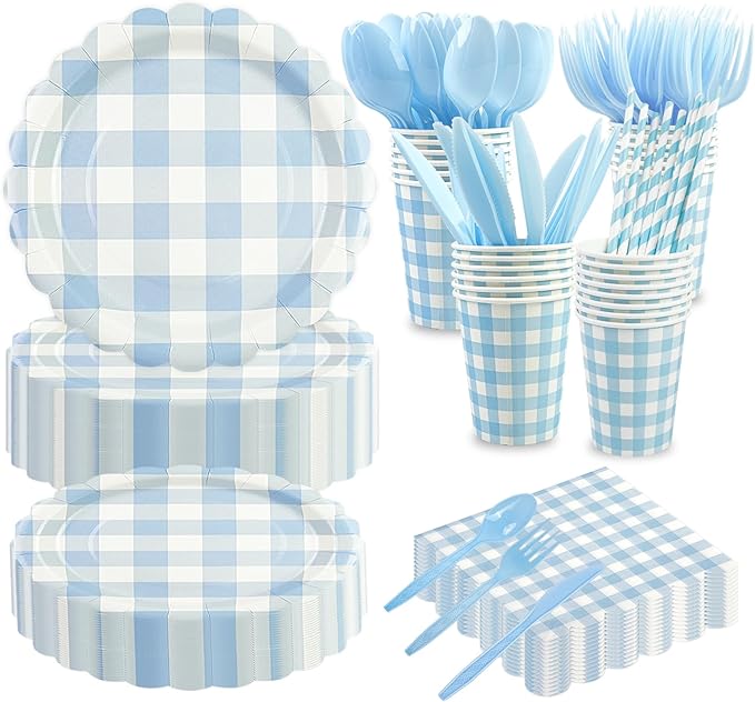 400PCS Light Blue Gingham Party Supplies, Scalloped Disposable Tableware Set Includes Paper Plates Napkins Cups Straws Forks Knives Spoons for Baby Shower Birthday Wedding Decorations, Serve 50