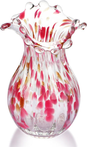 QFkris Handblown Glass Vase, Modern Art Flower Vase with Pink Petal Decorative for Home Decor, 8.5 inch Tall for Living Room Dining Tabletop Centerpiece Statement Office Decoration