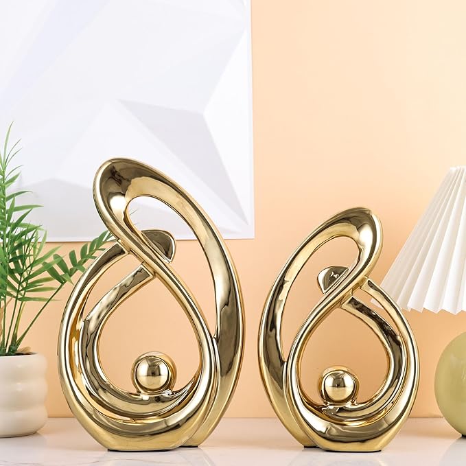 XMGZQ Home Decor Accent,Porcelain Art Mid Century Bookshelf Decorations,Gold Centerpieces for Tables,Abstract Ceramic Statue Sculpture for Coffee Table Mantel Tv Stand Centerpieces (Gold, Large)