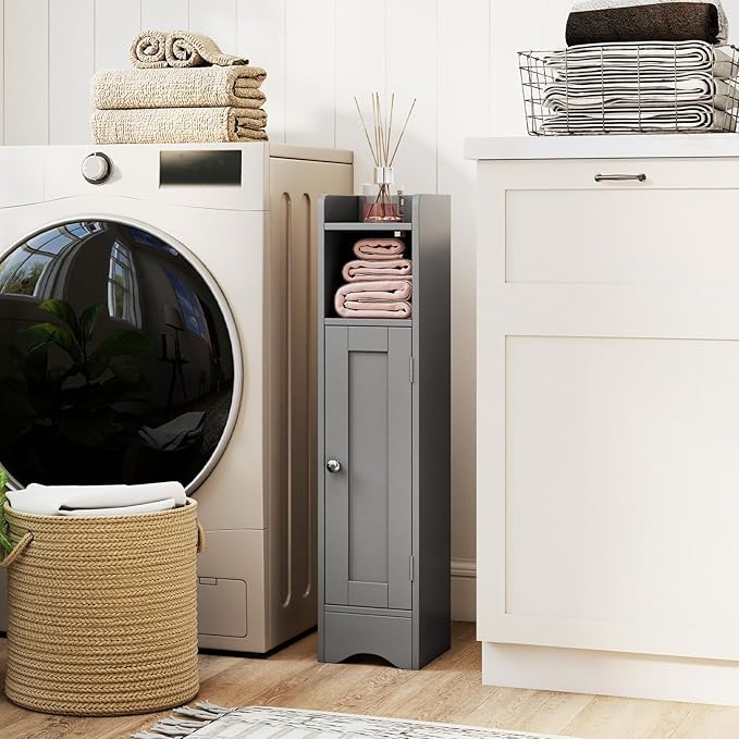 Tangkula Small Bathroom Storage Cabinet with Door, Toilet Paper Holder Stand with Adjustable Shelves & Open Compartment for Small Spaces, Narrow Freestanding Storage, 7 x 7.5 x 31.5 Inches (Grey)