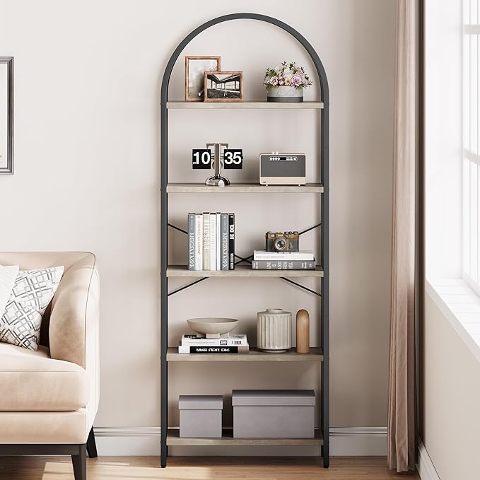 IDEALHOUSE Bookshelf 5 Tier Bookcase Arched Display Racks Tall Standing Bookshelves Metal Frame Farmhouse Storage Rack Shelf Grey Book Shelf for Bedroom, Living Room, Home Office