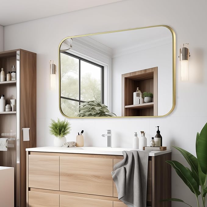 40x30 Inch Gold Bathroom Mirror, Brushed Brass Gold Metal Framed Rectangular Mirror with Rounded Corner, Bathroom Vanity Mirror for Bedroom or Living Room, Horizontal/Vertical