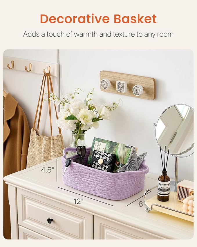 KALLAX Small Woven Basket, 12 x 8 x 4.5 Inches, Small Storage Baskets for Organizing, Gift Baskets Empty, Cute Rope Shelf Closet Storage Bins for Shelves, Dog Toy Basket, Purple