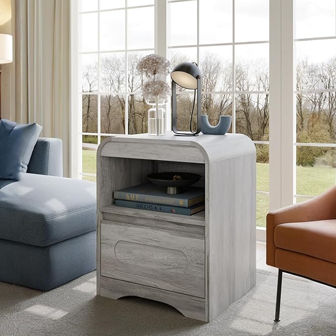 Night Stand Nightstand with Drawer Storage Curved Bed Side Table End Table Large Modern Wide Bedside Stand Tall Night Stands for Bedroom Living Room Sofa Couch Home Office, Grey