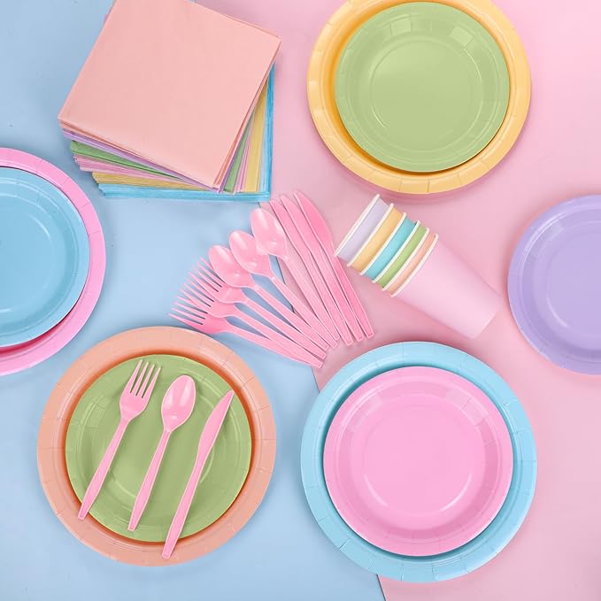 Durony 216-Piece Pastel Rainbow Disposable Party Tableware Set - Serves 24 Guests - 7" & 9" Paper Plates, 9oz Cups, Napkins, Plastic Cutlery, Party Decorations