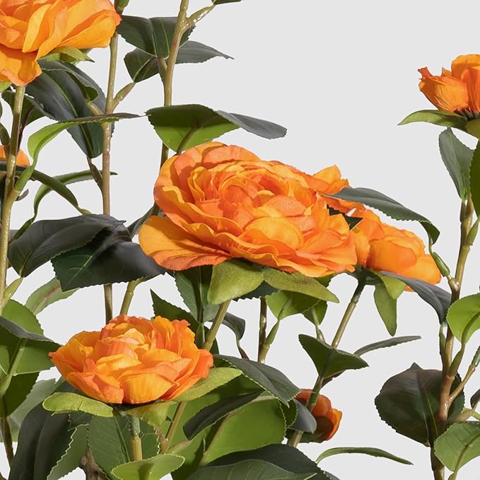 Romantic Season 2Pack Artificial Camellia Tree 3FT, Orange Faux Camellia Plant Fake Potted Camellia Flower Tree Plastic Camellia Tree for Modern Home Office Living Room Floor Décor Indoor
