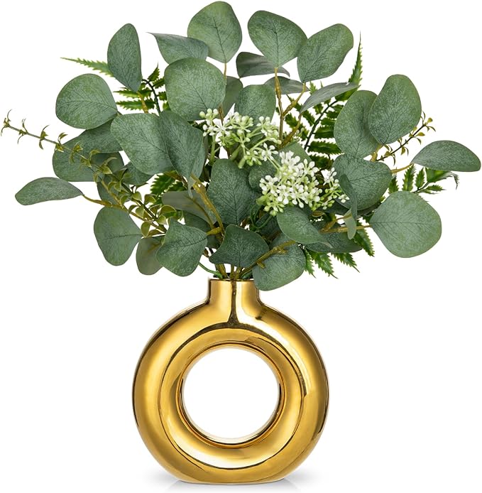 Artificial Eucalyptus Stems in Ceramic Vase 14.23" Fake Eucalyptus Plant Decor Gold Donut Vase with Greenery Centerpiece Table Decorations Small Faux Green Plant for Home Farmhouse Wedding Table Decor