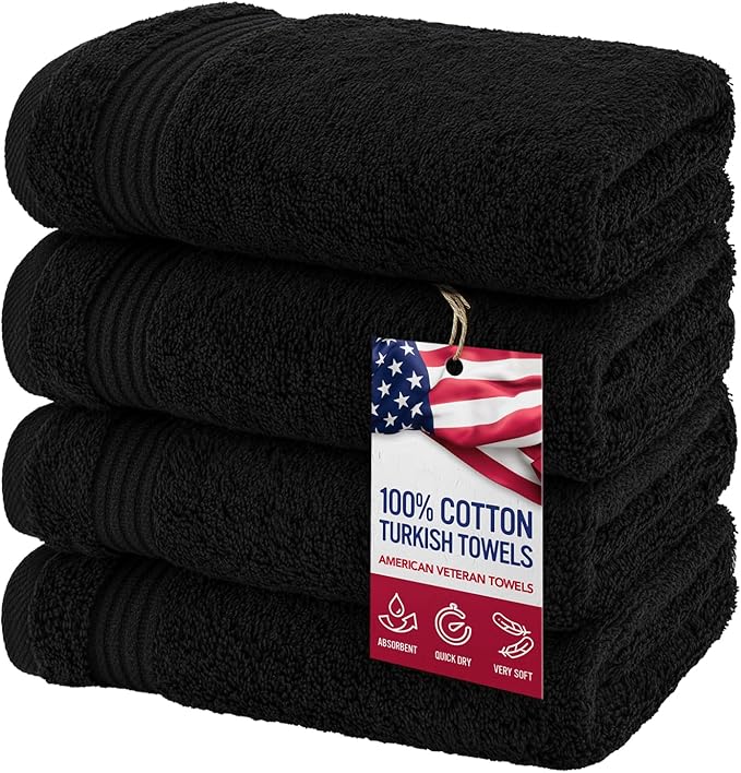 American Veteran Towel, Hand Towels for Bathroom Set of 4, 100% Cotton Turkish Hand Towel Sets Clearance Prime, Soft Drying Hand Face Towels, Black Hand Towels