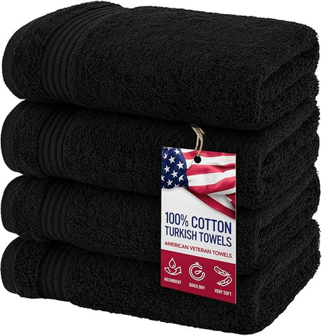 American Veteran Towel, Hand Towels for Bathroom Set of 4, 100% Cotton Turkish Hand Towel Sets Clearance Prime, Soft Drying Hand Face Towels, Black Hand Towels