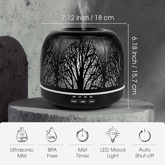 500ml Essential Oil Diffuser, ARVIDSSON Metal Diffusers for Essential Oils, Aromatherapy Diffuser for Large Room, Color Mood Light & Mist Timer Setting, Gift for Women - Black Tree