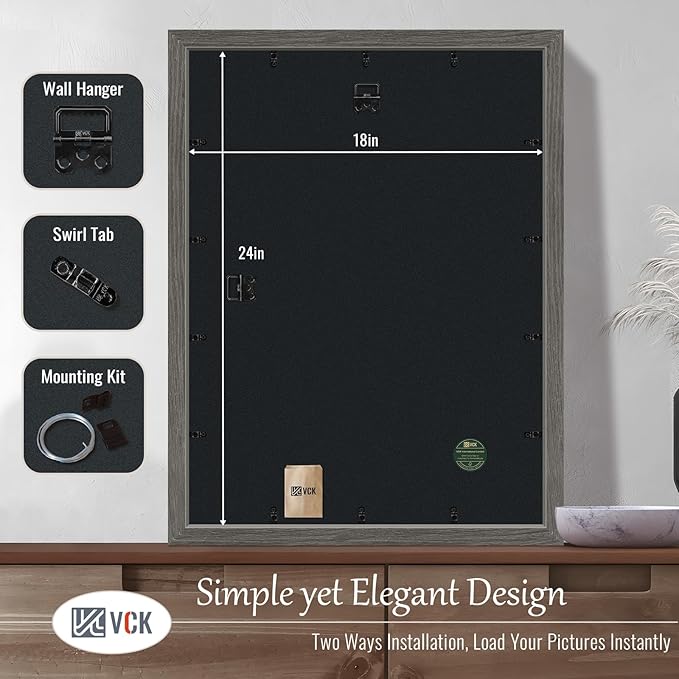 VCK 18x24 Frame Set of 5, Gray Solid Wood Poster Picture Frame, Exclusive Wood Grain, Wall Gallery Frame