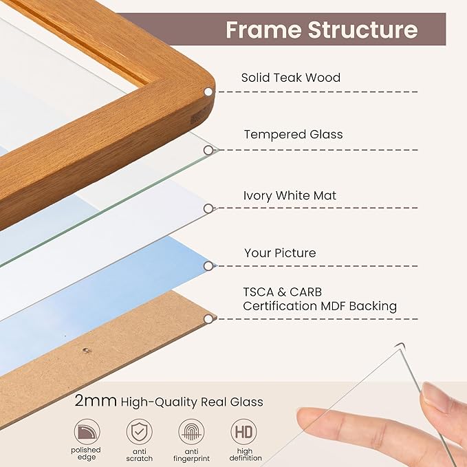 8x10 Picture Frame - Solid Teak Wood 8 x 10 Photo Frame, 8x10 Frame With Mat For 5x7, Tabletop and Wall Display, Hanging Hardware Included, 8 By 10 Picture Frame Wood, Natural Teak