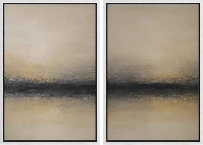 MUDECOR Framed Canvas Print Wall Art Abstract Sunset Horizon Modern Minimalist Beige and Black Illustrations Modern Art Decorative Bohemian Colorful for Living Room, Bedroom, Office - 16"x24"x2 White
