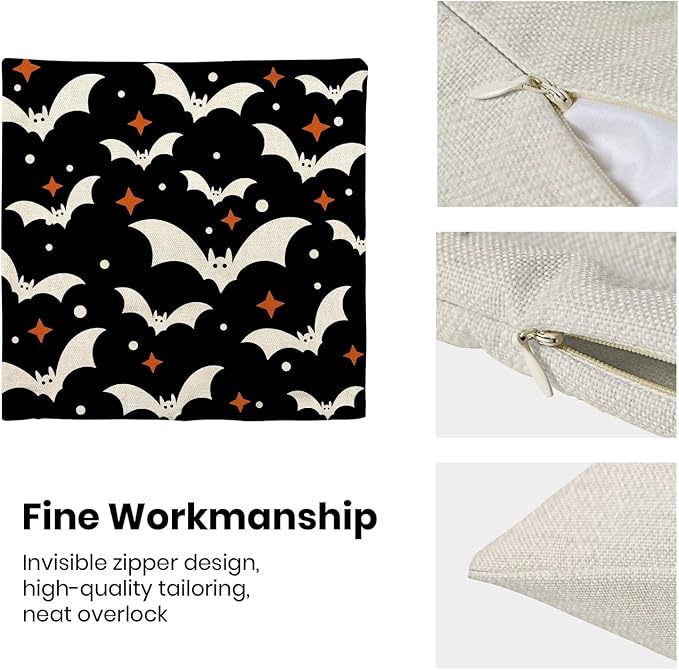 Halloween Pillow Covers 18x18 Pack of 2 Black Beige Bat Throw Pillow Covers Outdoor Decor,Autumn Halloween Decoration Black Pillowcase Farmhouse Linen Decorative Cushion Case for Sofa Couch