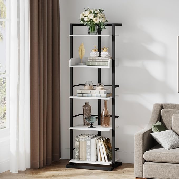 Hosfais Book Shelf Tall Bookshelf: 5 Tier Wood Bookcase with Metal Edge Protection Industrial Narrow Bookshelf Corner Storage Organizer Display Book Rack for Living Room Bedroom Office (Black White)