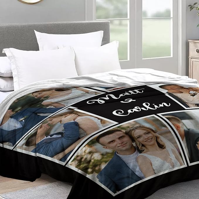 Custom Sherpa Fleece Blanket With Photos and Text - Soft Warm Fuzzy Personalized Couples Gift for Boyfriend Girlfriend - Customized Picture Blanket for Birthday Christmas - Ships Next Day