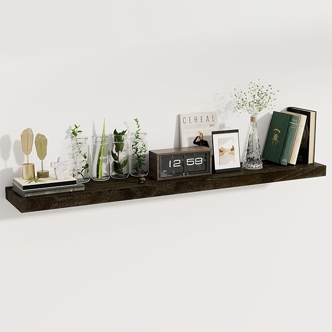 fuqing Floating Shelves for Wall - 55 Inch Wide x 9.3 Inch Deep Natural Wood Shelves Set of 1 - Wooden Wall Mounted Shelves with Upgraded Metal Brackets for Room Wall