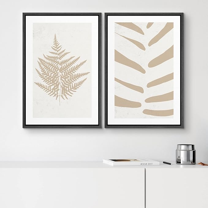 SIGNWIN Framed Canvas Print Wall Art Set Tan White Forest Plant Silhouettes Nature Wilderness Illustrations Modern Art Rustic Closeup Minimal for Living Room, Bedroom, Office - 16"x24"x2 Black
