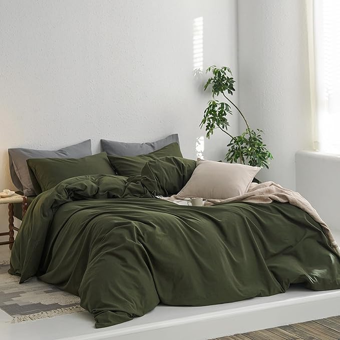MooMee Twin Duvet Cover Set, 100% Washed Cotton Linen Like Twill Thick Sturdy Material Super Soft Breathable Durable Bedding for All Season, 2 Pieces (Olive Green, Twin 68"x90")