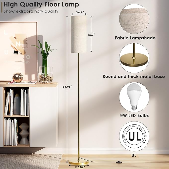 Floor Lamp for Living Room, Modern Standing lamp with Remote Control, Stepless Dimmable 9W Bulb & Beige Lampshade Included, Gold Pole Tall Floor Lamp for Bedroom Office