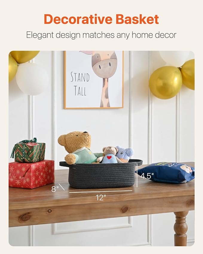 KALLAX Small Woven Basket, 12 x 8 x 4.5 Inches, Small Storage Baskets for Organizing, Gift Baskets Empty, Cute Rope Shelf Closet Storage Bins for Shelves, Dog Toy Basket, 3 Packs, Dark Grey