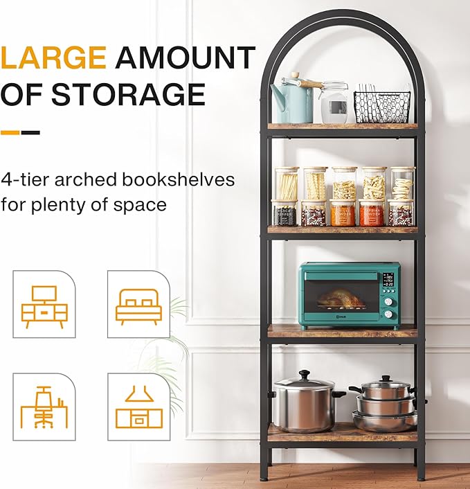 Tribesigns 4-Tier Open Bookshelf, 70.8" Industrial Arched Bookcase Storage Shelves with Metal Frame, Freestanding Display Rack Tall Shelving Unit for Office, Bedroom (Rustic Brown, 1PC)