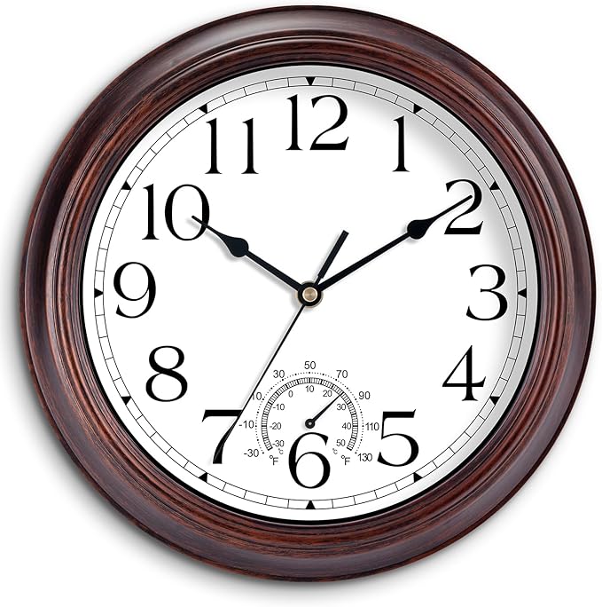 14 Inch Outdoor Wall Clock with Thermometers, Vintage Silent Wall Clocks Battery Operated, Retro Non-Ticking Clock Decorative for Living Room, Patio, Kitchen, Office, Bathroom, Bedroom(Bronze)