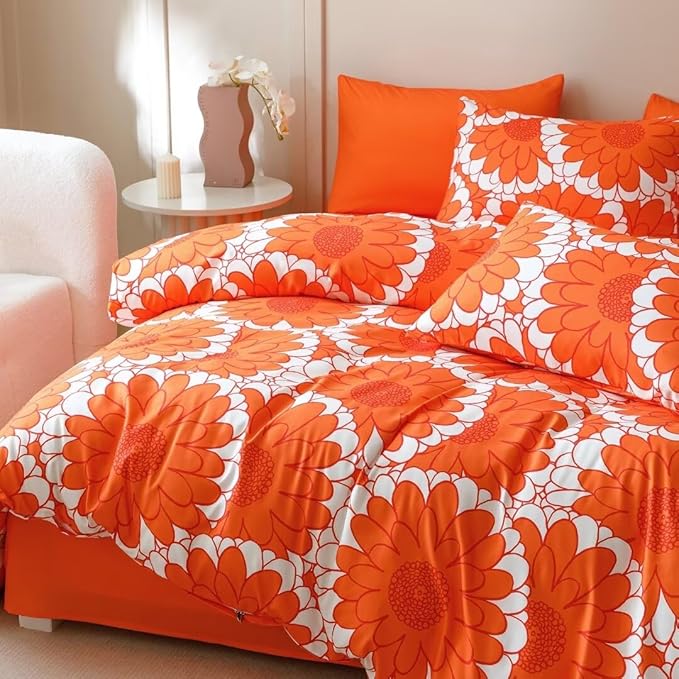 CLOTHKNOW Sunflower California King Comforter Set 3Pcs Orange Whtie Bedding Comforter Sets Rust Flower Comforter Botanical Comforter Sets Lightweight