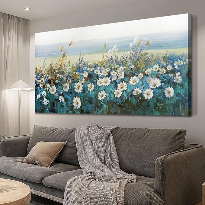 Arjun Flowers Wall Art Canvas White Daisy Floral Painting Blue Coastal Teal Landscape Picture Turquoise Textured Framed Artwork for Living Room Bedroom Office Home Wall Decor, Extra Large 58"x29"