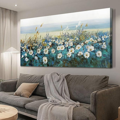 Arjun Flowers Wall Art Canvas White Daisy Floral Painting Blue Coastal Teal Landscape Picture Turquoise Textured Framed Artwork for Living Room Bedroom Office Home Wall Decor, Extra Large 58"x29"