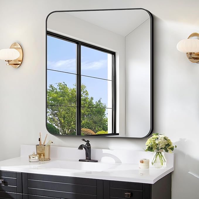 FORBATH Bathroom Mirror 30" x 36", Rectangle Black Bathroom Mirror with Black Aluminum Frame Rounded Corner, Wall Mounted Mirror for Bedroom Entryway Living Room