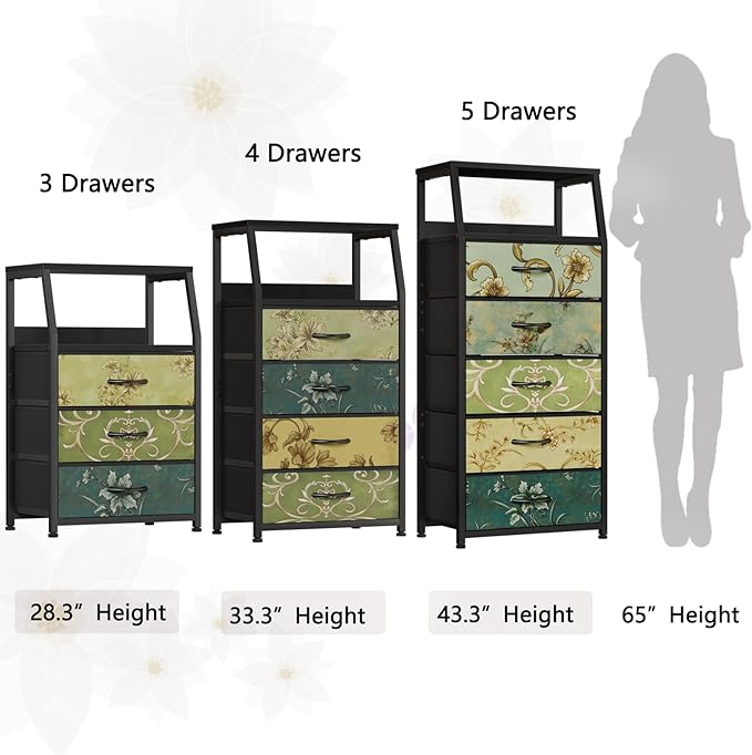 Furnulem Retro 5 Drawers Dresser, Tall Dressers for Bedroom, Closet, Hallway, Nursery, Fabric Storage Tower Organizer, Vertical Nightstand Side Table Furniture, Steel Frame, Wood Top