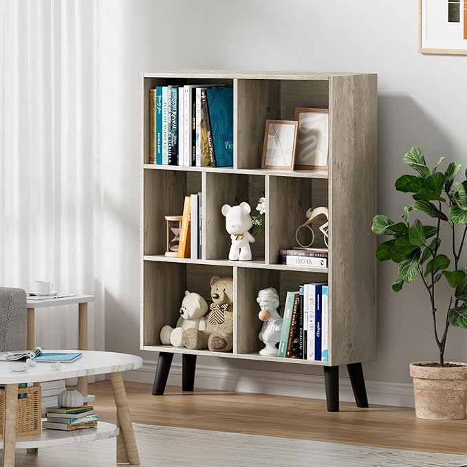 LEYAOYAO 7 Cube Bookshelf, 3 Tier Modern Bookcase with Legs, Mid-Century Modern Wood Book Shelves Storage, Retro Grey Book Case, Freestanding Organizer Display Shelf for Bedroom,Living Room,Office