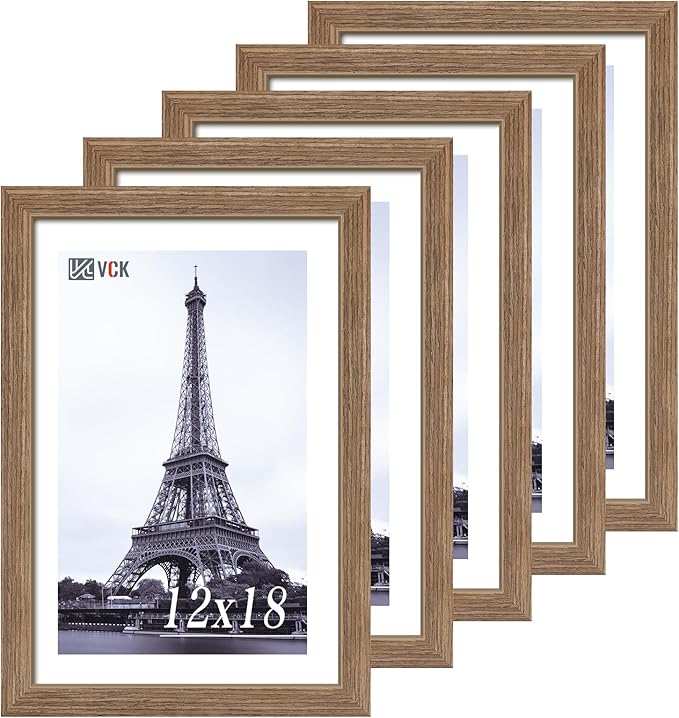 VCK 12x18 Frame 5 Pack - Brown Walnut, Natural Textured Solid Wood Poster Picture Frame, Wall Gallery Frame