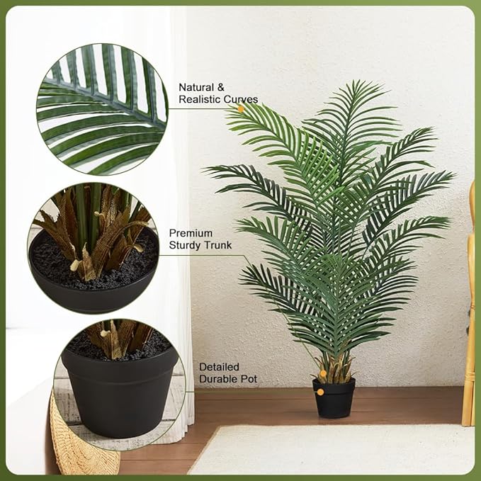 Artificial Palm Tree, 4FT Tall Fake Palm Trees with UV Resistant Leaves, Potted Faux Areca Palm Plant for Indoor Outdoor, Large Floor Plants for Home Living Room Porch Decor, VN125