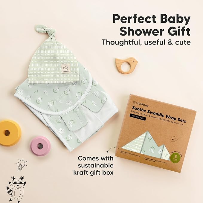 KeaBabies 3-Pack Swaddles for Newborns, Girls, Boys with Hats - Organic Soft Baby Sleep Sacks, Breathable Baby Swaddle 3-6 Months Beanies Set, Premie Infant Sleep Sack 0-3 Months (Leafy)