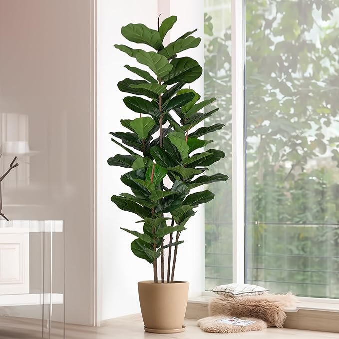 Faux Fiddle Leaf Fig Tree 6 FT - Artificial Ficus Tree with Tall Artificial Plants 69 Fiddle Leaves Greenery - Lifelike Fake Tree for Home Decor Living Room Indoor Outdoor