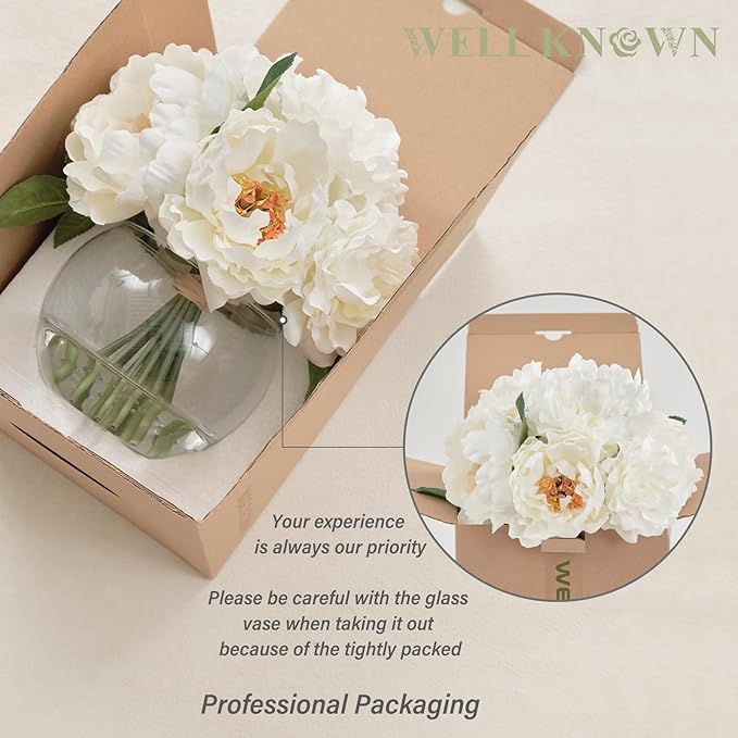 WELL KNOWN Artificial Flowers in Vase, Peonies Artificial Flowers for vase with Faux Water for Coffee Table Decor, Silk Fake Flower Arrangements Peonies Table Centerpieces (White)