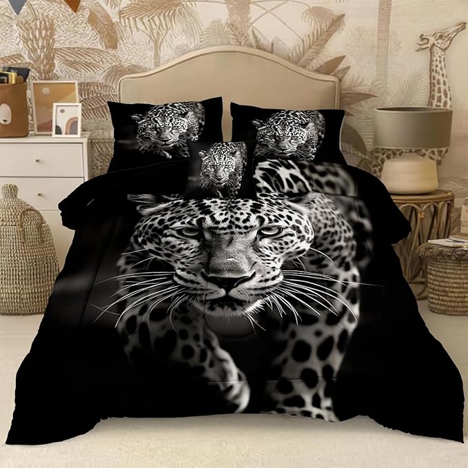 Wild Animal Comforter Set Leopard African Bedding Set Black and White Cheetah Leopard Printed Bedding Safari Animal Tropical King Comforter Set for All Season